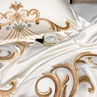 Ensemble de literie de luxe en Satin de coton délavé, broderie or Royal, blanc perle, housse de couette, drap plat/housse, taies d'oreiller, Textiles de maison 5