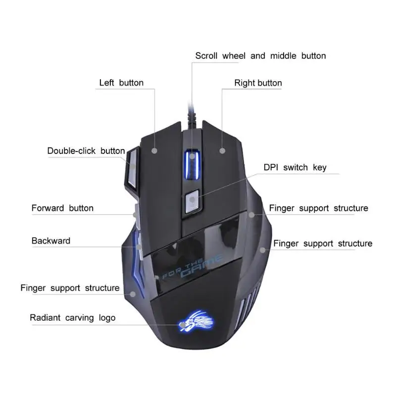 Professional 7 Buttons Adjustable USB Cable LED Optical Gamer Mouse 5500DPI Wired Gaming Mouse for Computer Laptop PC Mice Black