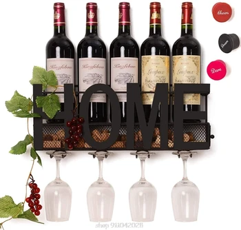 

Rustic HOME Wall Mounted Black Metal Wine Rack with 4-Bottle and 4Glass Holder Cork Storage for Kitchen Bar Home N19 20 Dropship