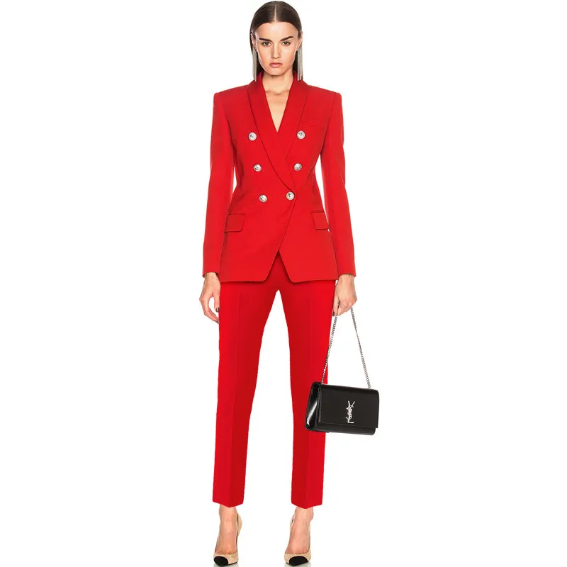 

Top Quality Newest 2019 Design Career Suit Set For Ladies Shawl Collar Lion Buttons Blazer Pants Suit Two Pieces Set X555