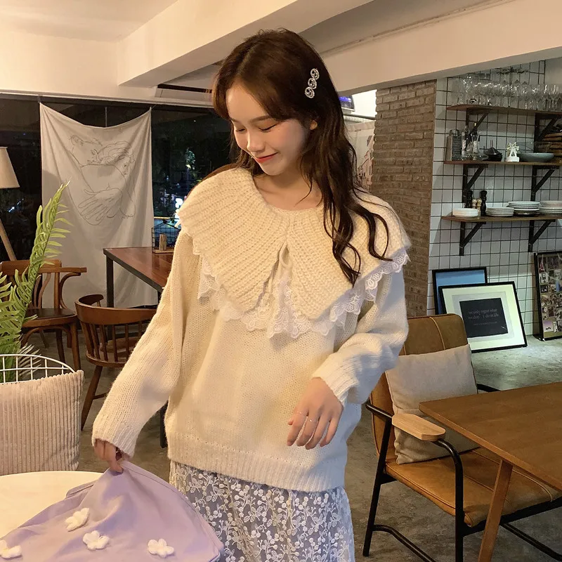 

New 2020 Women's Sweater Autumn Winter Korean Style Casual Kwelyo Sa Shawl Patchwork Lace Pullover Sweet Sueter Fashion Xx003