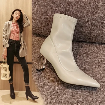

Spring/Autumn 2020 new pointed Martin boots crystal heel short boots female wild was thin naked boots fashion boots X266