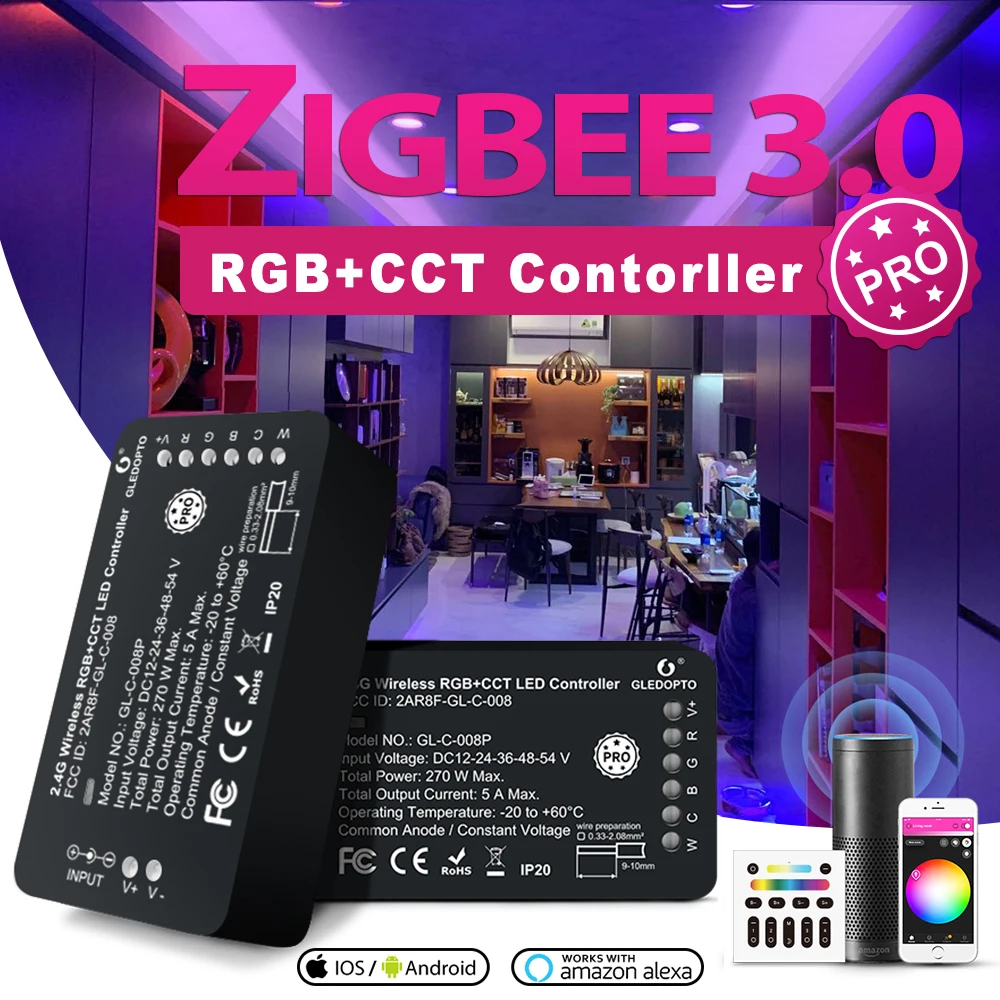 GLEDOPTO ZigBee 3.0 LED Controller Pro RGBCCT Strip Controler Tuya Smart APP Voice Control Work with Alexa Echo Plus SmartThings gledopto zigbee smart rgbw led light strip wireless wifi controller work with tuya smart life app amazon alexa voice control