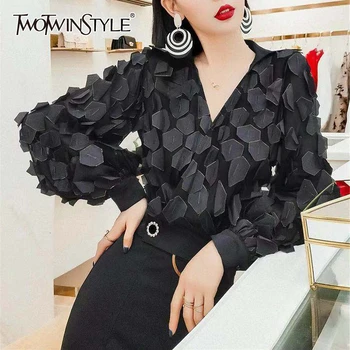 

TWOTWINSTYLE Patchwork Sequined Shirts For Women V Neck Lantern Long Sleeve Tunic Irregular Blouses Female Fashion 2020 Clothing