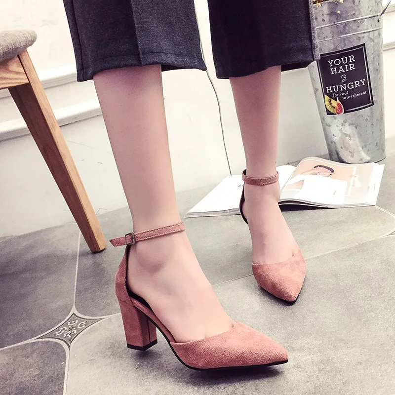 

2016 Summer Korean-style New Style Popular Fashion Pointed Belt Buckle Comfortable Chunky High Heel Shoes WOMEN'S Shoes