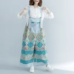 2020 female new spring and summer plus size literary ethnic style printed wide-leg do- old and adjustable slim 9-point overalls
