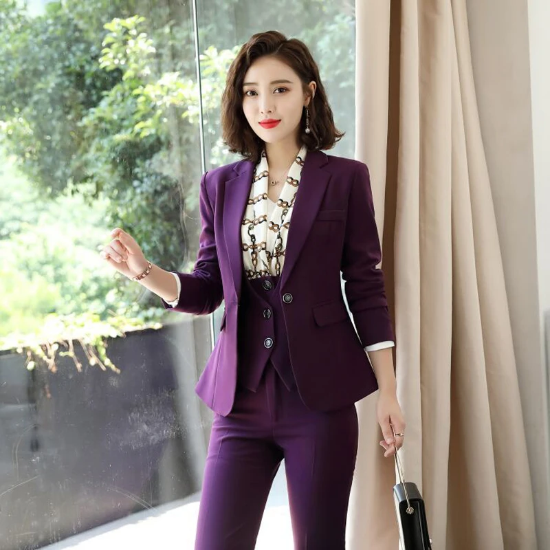 IZICFLY стиль фиолетовый костюм из 3 предметов женский брючный жилет и блейзер комплект офисная униформа элегантный Деловой брючный костюм с жилетом - Цвет: purple coat vestpant