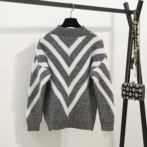 HAMALIEL женский свитер шорты Комплект Осень Зима популярная цветная полоска трикотажные свободные пуловеры+ твидовая клетчатая высокая талия набор брюк - Цвет: Темно-серый