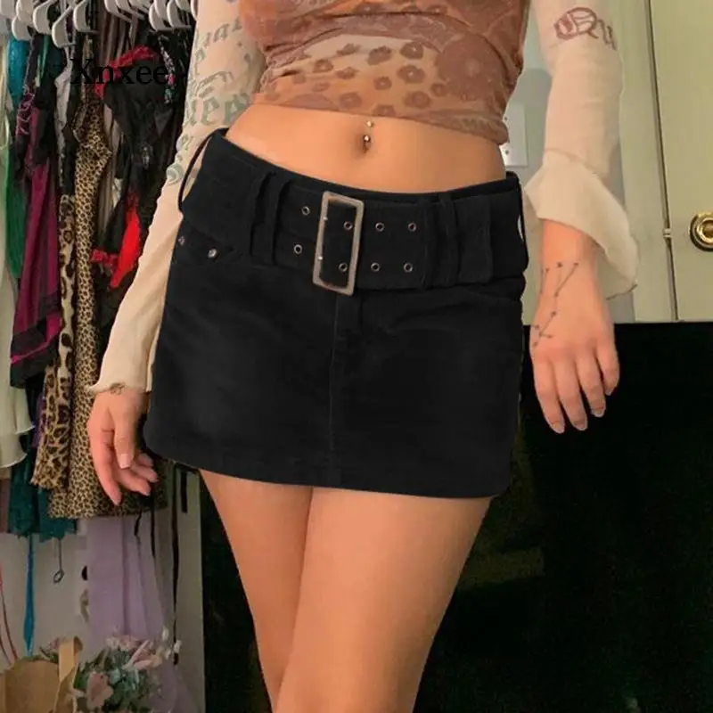 

Aesthetics Solid Low Rise Corduroy Skirts Y2K with Belt A-Line Brown Fall 90S Fashion Vintage Short Bottoms Skirt