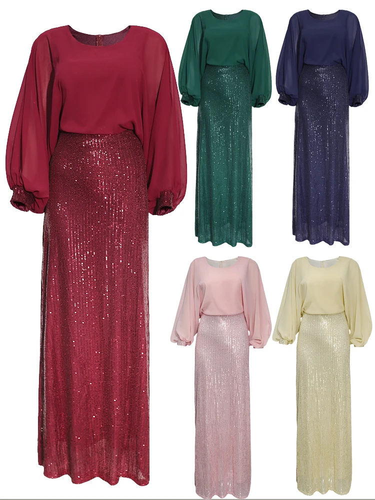 

Burgundy Formal Evening Dresses 2020 New O-Neck Elegant Sequined Chiffon Long-sleeve Prom Dresses
