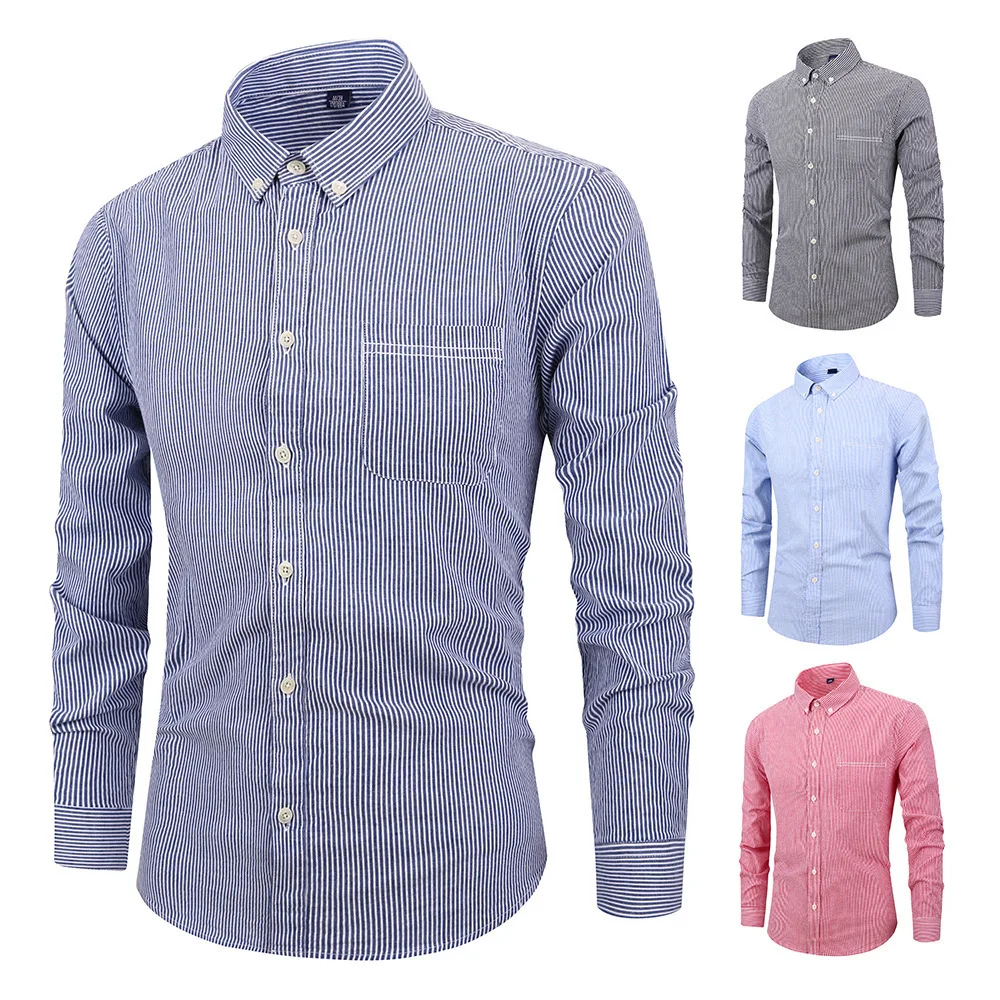 

2019 Mens Striped Cotton Shirt Men Long Sleeve Casual Slim Fit Dress Shirts Business Shirt Men's Clothing Camisa Masculina