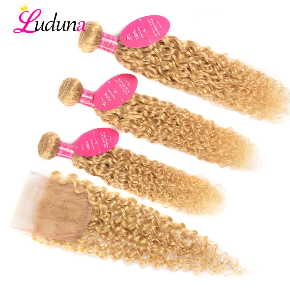 

613 Blonde Bundles With Closure Brazilian Water Wave 3 Bundles With Closure Luduna Remy Human Hair Bundles With Closure 4*4