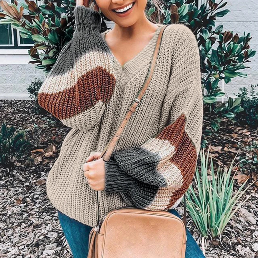 V Neck Plus Jumper Women's Sweater 2019 Winter Patchwork Loose Lantern Sleeve Streetwear Stripe Women's Jumper Female Pullover