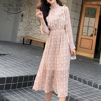 

Spring 2020 Sweet Stand Collar Floral Pleated Chiffon Dresses with Base Dress Women Long Sleeve Empire Midi Party Dress 8318 50