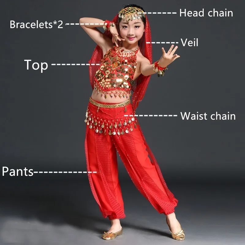 Детский комплект для танца живота, новейший детский индийский костюм для танца живота, Восточный танец живота, костюм для выступлений, костюм, 4 цвета - Цвет: Red 7pcs