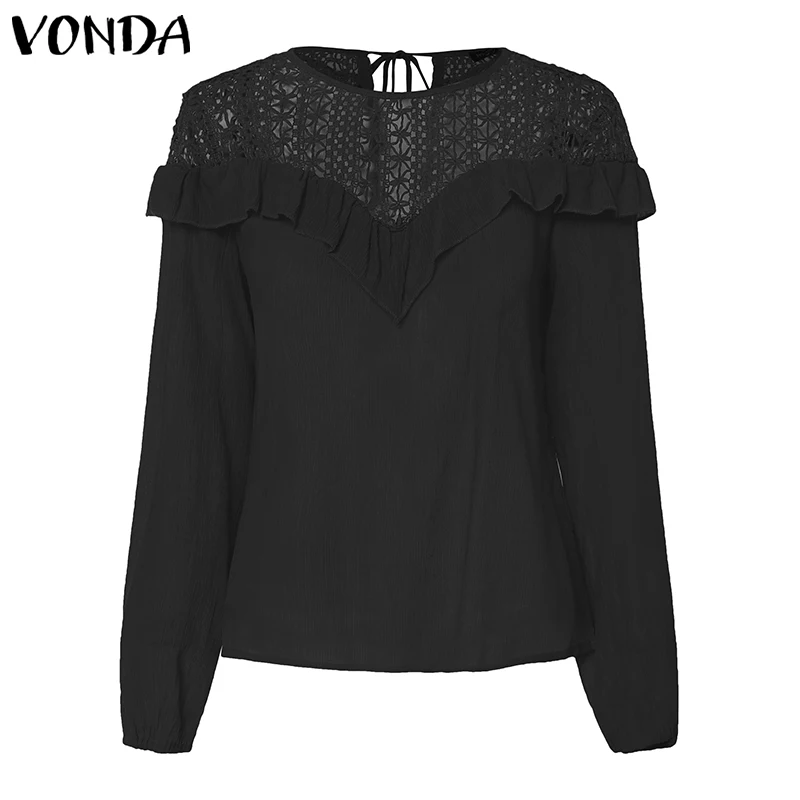 VONDA, размера плюс, белая хлопковая Женская туника, Пляжная блузка, Осенние тонкие топы с рукавами-колокольчиками, женские повседневные свободные блузы, больше размера d - Цвет: Black