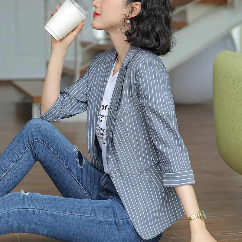 

Stripes Small Suit Coat Women's 2019 New Style Autumn Korean-style Casual Three-quarter-length Sleeve Short Slim Fit Thin Blazer