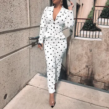 

Office Ladies Two Pieces Set Polka Dots V Neck Fashion High Waist Suit Coat and Pencil Long Pants Women Set Plus Size 2XL