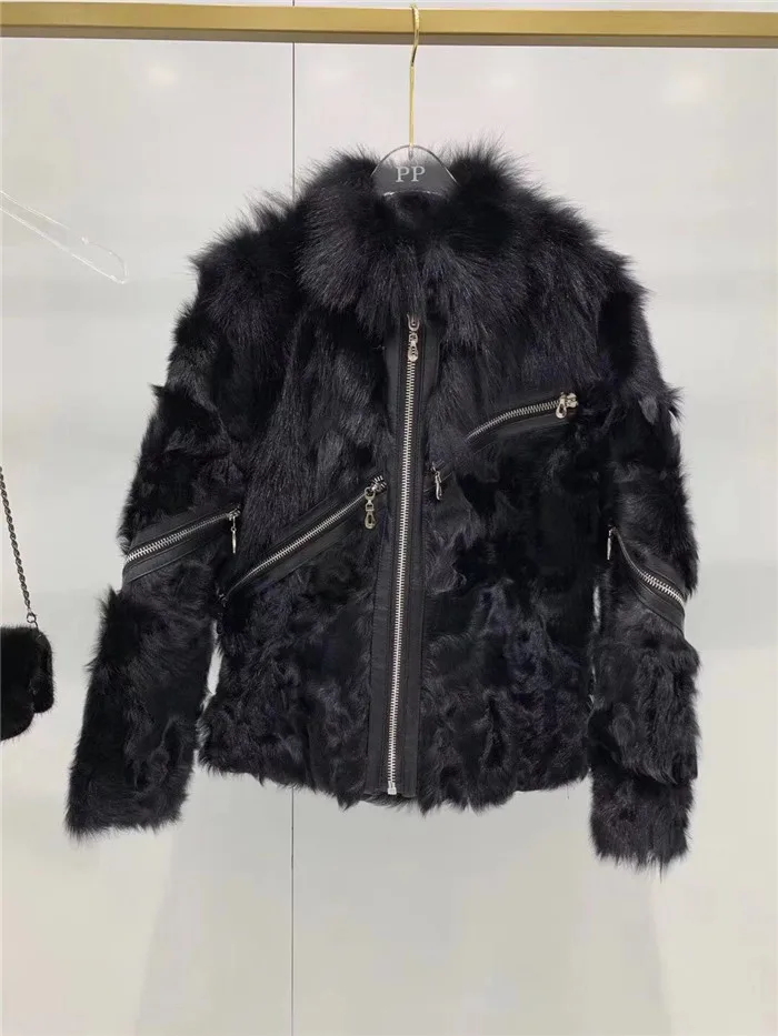 Пальто из натурального меха, короткое,, подиумный стиль, для женщин, из натурального меха ягненка, пальто с мехом лисы, мотоциклетная куртка из натуральной кожи
