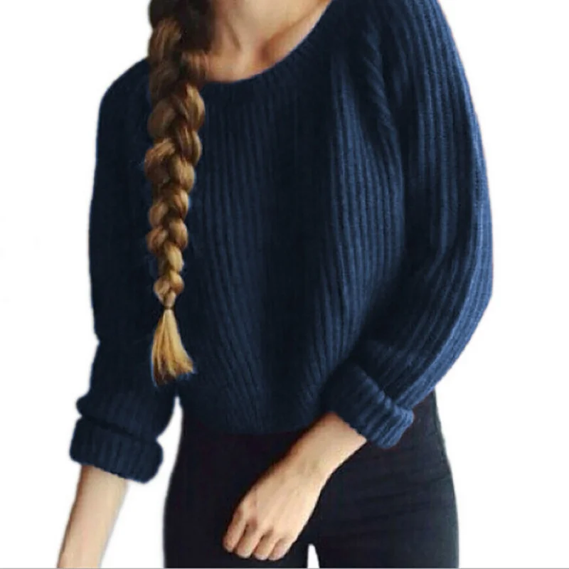 Осенне-зимний пуловер, свитера для женщин, модный однотонный вязаный свитер с круглым вырезом и длинным рукавом, Повседневные свитера с разрезом