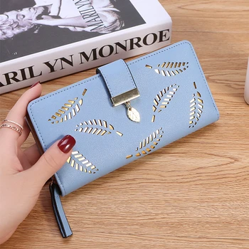 

women's PU leather hollow out leaves pattern hasp long wallets big capacity fashion clutch wallet card holder cell phone wallet