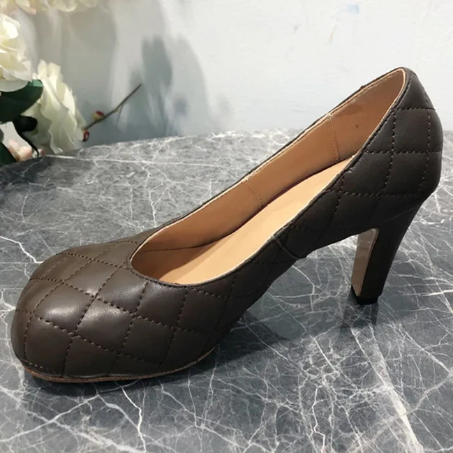 Г., новые туфли-лодочки в мелкую клетку женская обувь тонкие туфли из натуральной кожи с квадратным носком на высоком каблуке Женская обувь для вечеринок sapato feminino - Цвет: light black