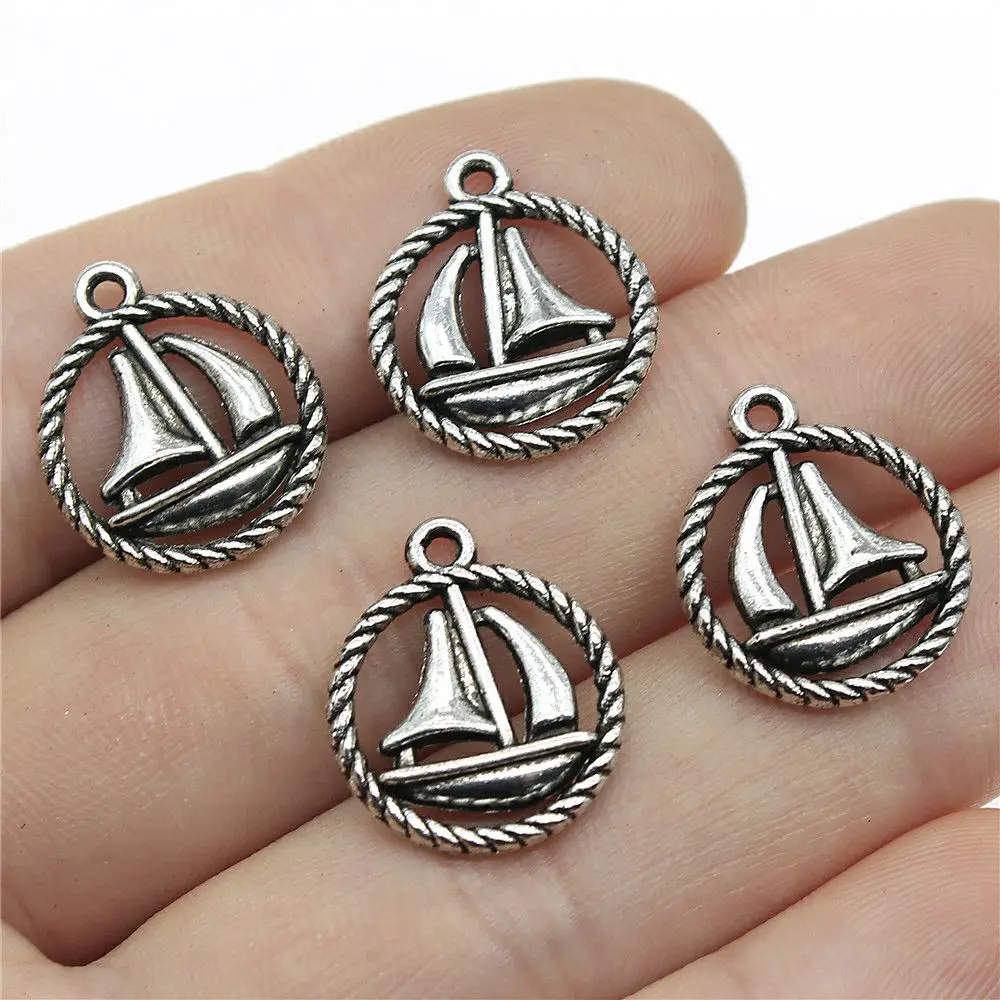 Antique Silver Plated Sailing Sailboat Fishing Charms Oceanic Pendants DIY Jewelry Making Supplies