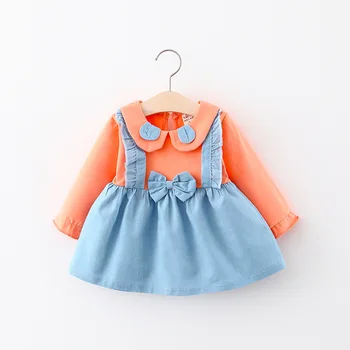 

2020 Autumn Baby Girls Long Sleeve Lapel Collar Patchwork Denim Jeans Bow Toddler Kids Cute Dress Infant Clothing vestidos