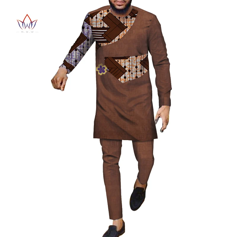 Осенний Африканский Мужской комплект с брюками, традиционный топ и брюки, африканская Дашики, восковая одежда с принтом, большие размеры, брючные костюмы, WYN983