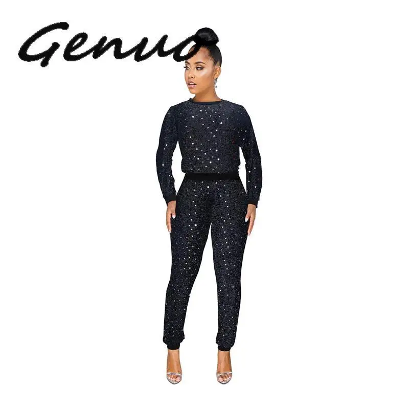 

Genuo Autumn Fall Sequins Elegant Women's Set O-neck Long Sleeve Top Pencil Pants Suits Two Piece Set Vintage Tracksuit 4 Color
