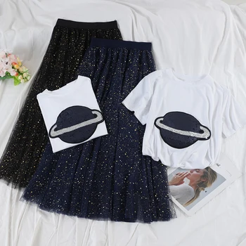 

Casual 2 Piece Skirt Set Women 2020 Summer Planet Sequins T Shirt+elastic Mesh Patchwork Loose Skirt Female Streetwear Set