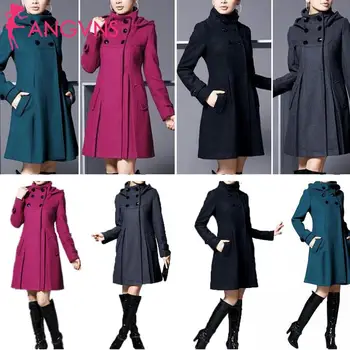 

Women Fashion Woolen Coat Jacket Medium Long Multi-size Solid A-line Warm Casual, Office Slim Coat Causal