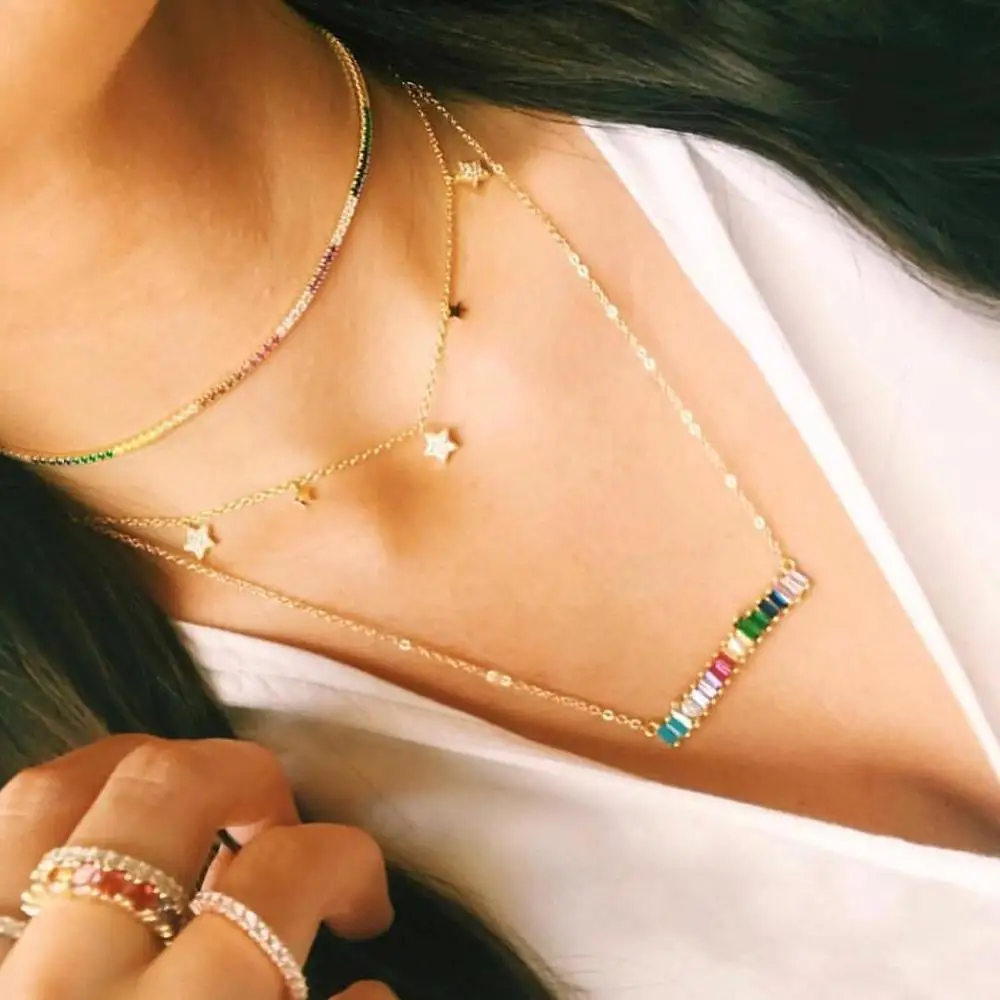 

2019 CZ Rainbow Jewelry Set Woman Multicolored Long Chain Necklace Pendants with Stone colorful Zircon Gold Bracelet nke-p12