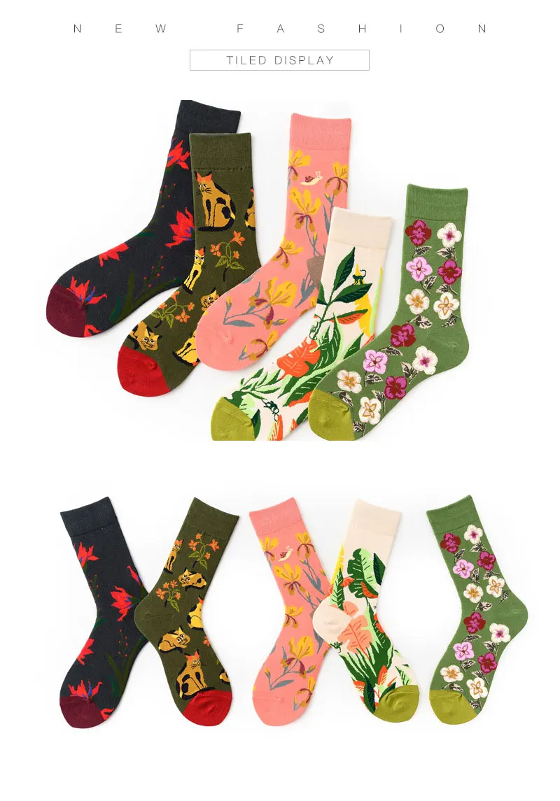 Новинка, хлопковые носки для женщин, креативные, цветные, с цветочным узором, дышащие, впитывающие пот носки средней длины