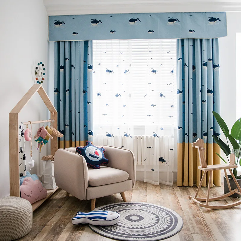 

Cartoon Blue Whale Splice Yellow Cloth Curtains Childrens Bedroom Insulation Semi-blackout For Living Room Curtains S144&30