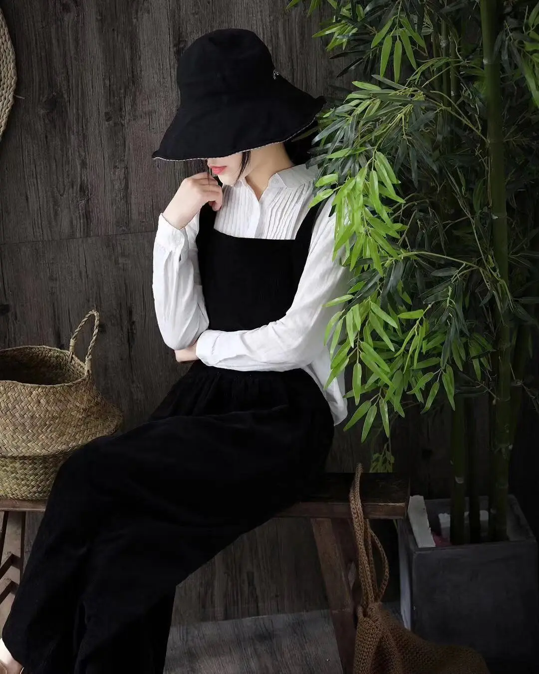 Corduroy pure color restoring ancient ways straps wide-legged pants of height comfortable leisure joker