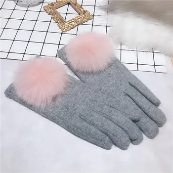 New Women Winter Fox Fur Ball Accessories Keep Warm Touch Screen Thicken Plus Cashmere Luxury Style Cycling Elegant Gloves 2