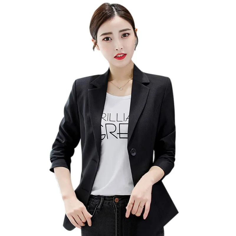 Женский однотонный Блейзер, куртки, женский корейский модный Тонкий Блейзер с длинными рукавами, черный, белый, Женский блейзер, женская верхняя одежда, пальто - Цвет: Черный