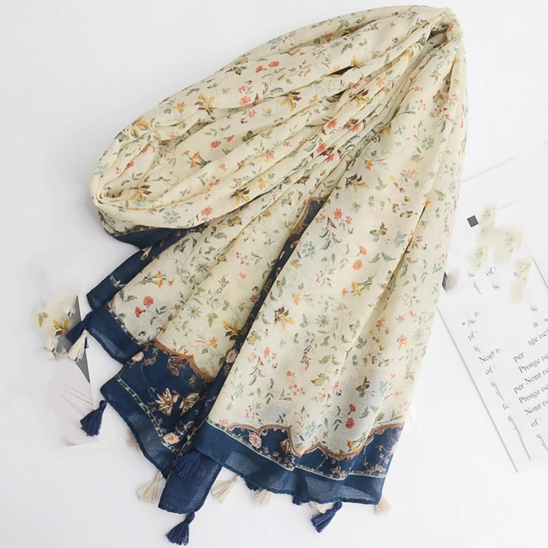 

Explosion women's spring scarf female small flowers tassel long shawl fresh retro printing ladies non-woven soft scarf