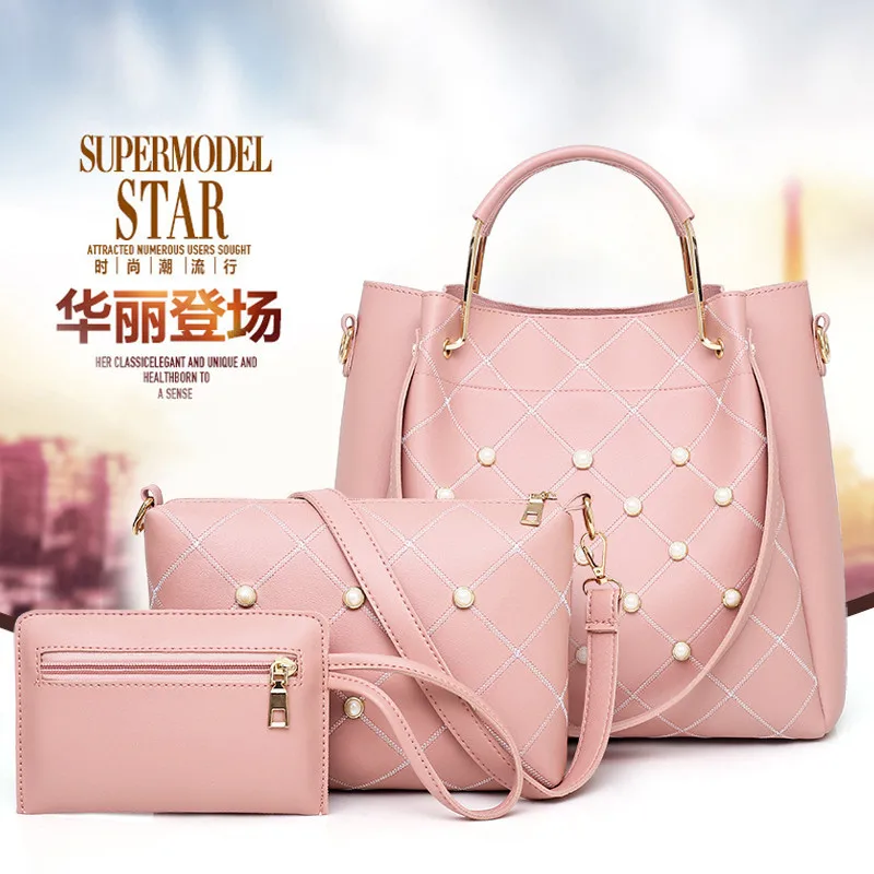 

2018 Autumn New Style Europe And America Fashion Pearl Three-piece Set WOMEN'S Bag Shoulder Cross-body Large Bag Fashion Pattern