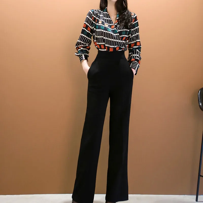 

WOMEN'S Suit 2019 Autumn Clothing New Style Ol Career Elegant V-neck Print Shirt High-waisted Slimming WOMEN'S Pants Two-Piece S