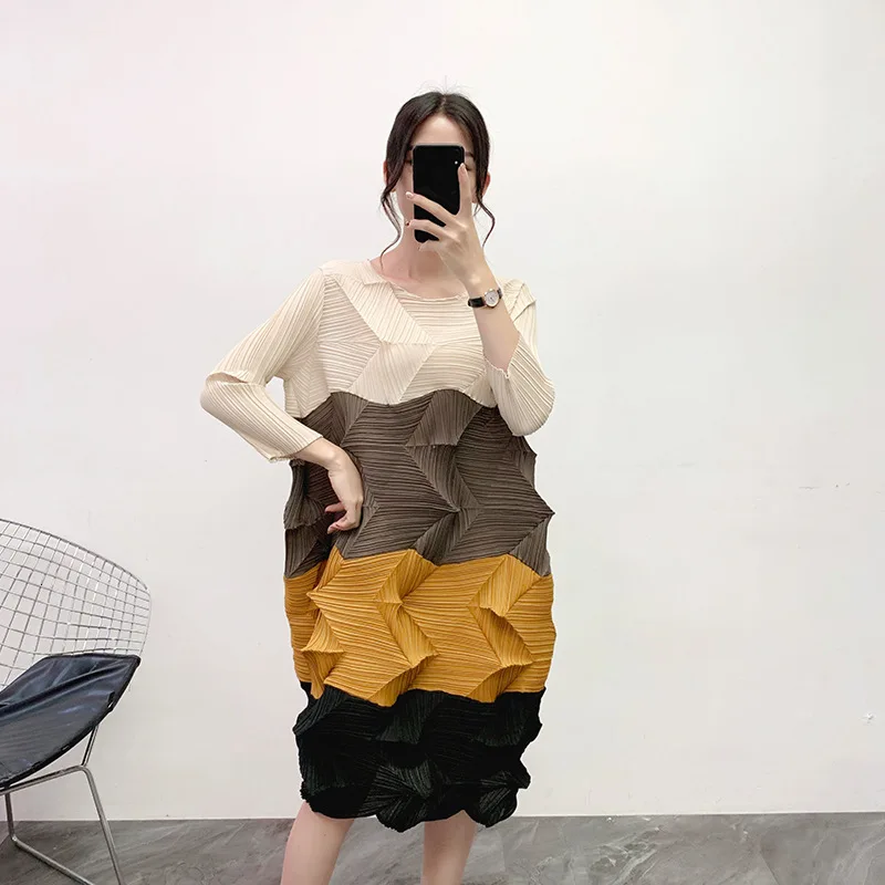 [DEAT] New Fashion Style Women‘s Pleated Dress Leisure Style O Collar Panelled Full Sleeve Diamond Pleats Mid-calf Length AQ175