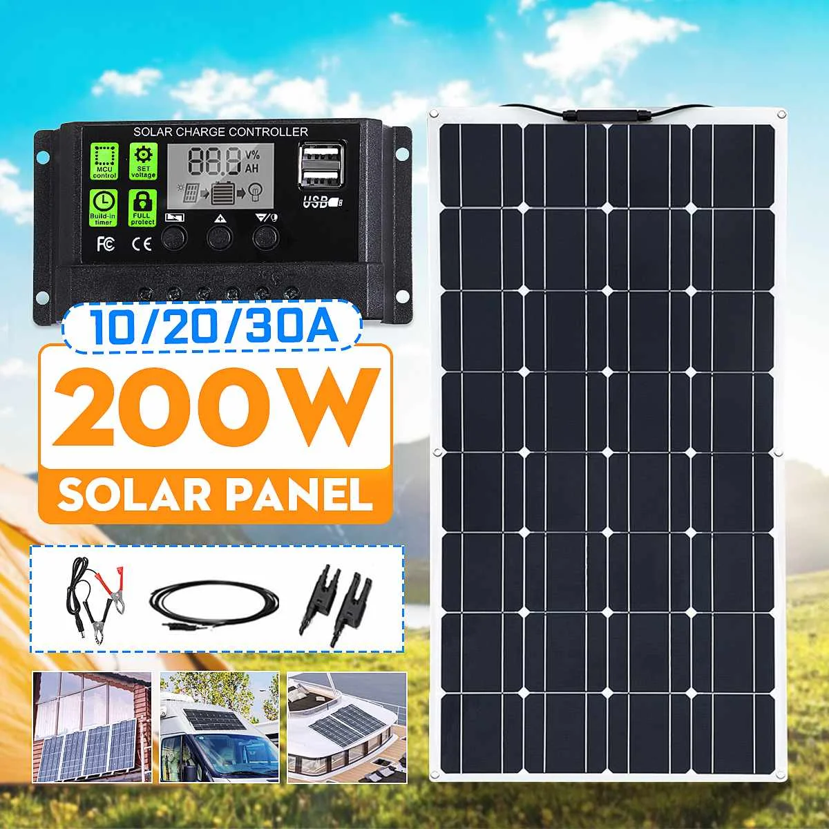 

New 200W Dual USB Power Bank Board 12V/24V Solar Panel with Car Charge 10/20/30 USB Solar Charger Controller for Outdoor Camping