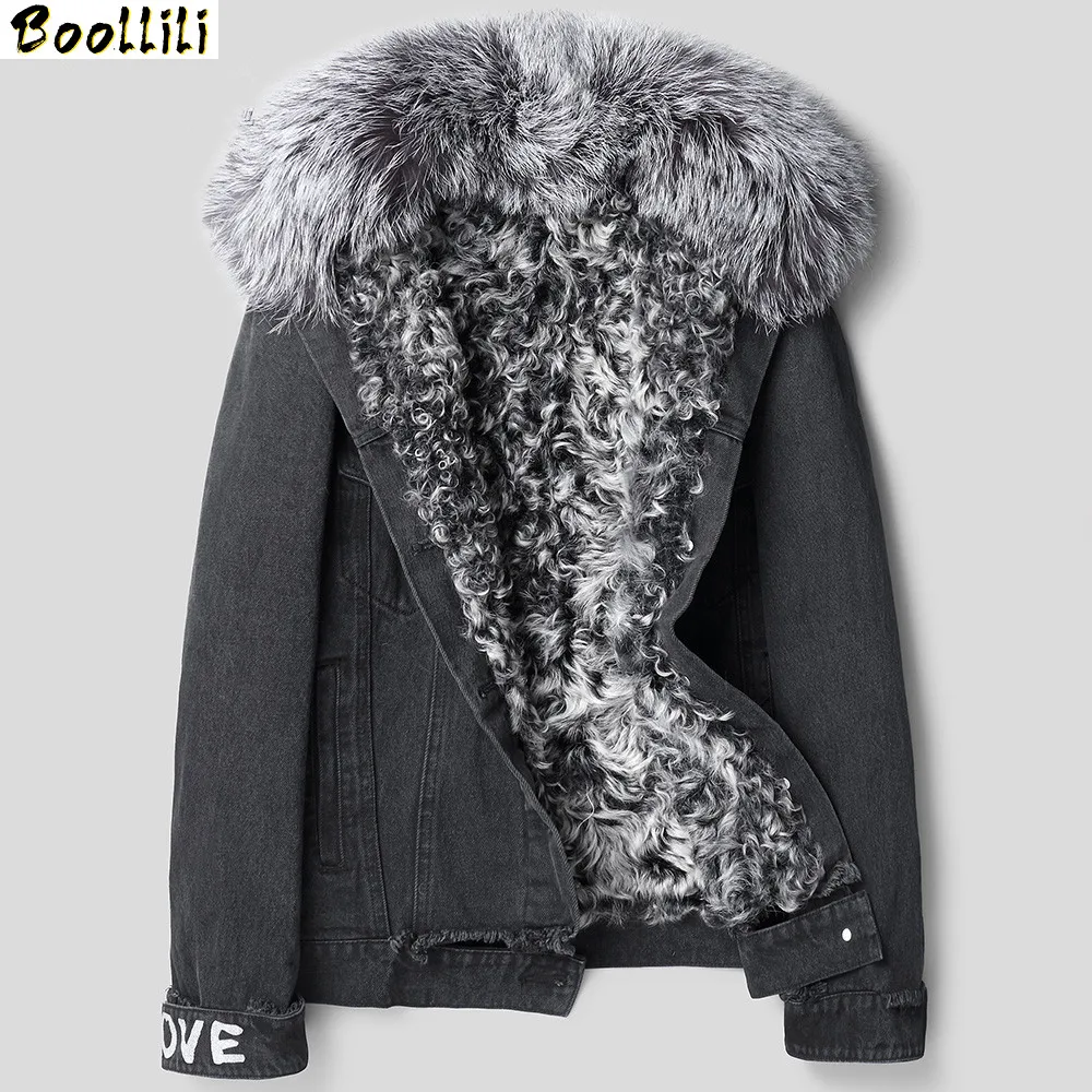 

Boollili Parka Homme Real Lamb Fur Liner Denim Jacket Winter Jacket Fox Fur Collar Short Parkas Streetwear Coat