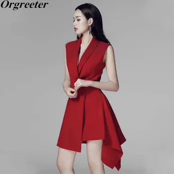 

Summer Dress Women 2020 New Graceful Notched collar Single buckle Slim With Belt Irregular Dress Sleeveless Solid OL Casual Dres