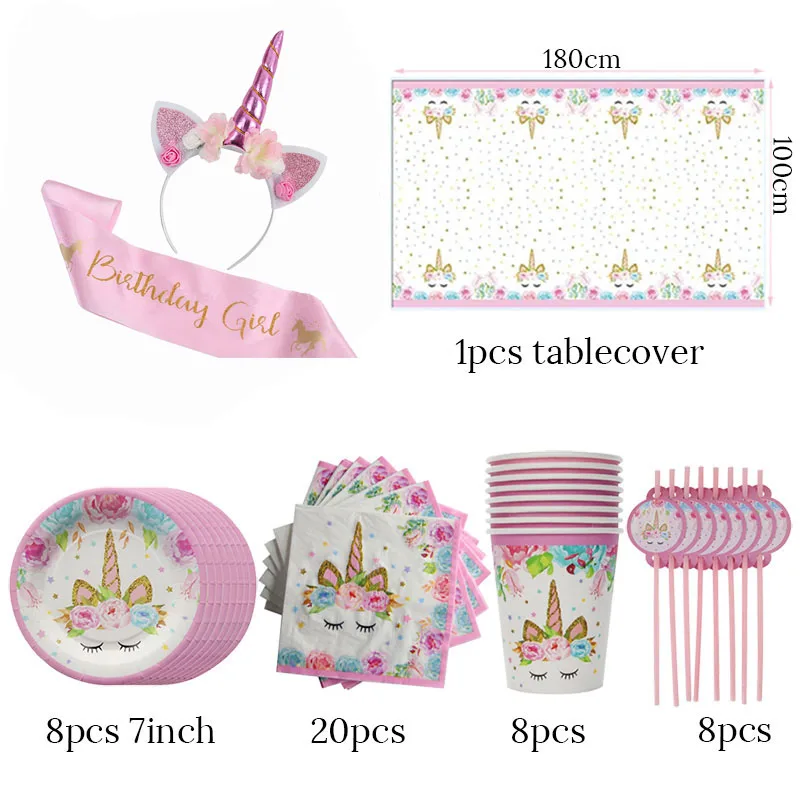 

Unicorn Party 47pcs Disposable Tableware set Headband Sash Paper Plate Cup Girl Unicorn Birthday Party Supplies Baby Shower Girl