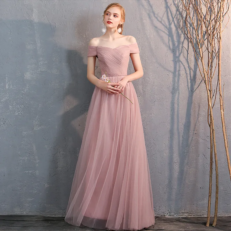 Holievery с открытыми плечами; длинное Тюлевое платье подружки невесты розовое свадебное платье на шнуровке robe demoiselle d'honneur - Цвет: Blush Pink