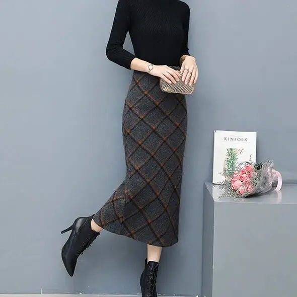 

2019 Autumn Winter Long Warm Skirts For Women Elegantes Faldas Largas High Waist Plaid Pencil Long Warm Skirt Wool Skirt DF949