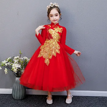 

Girls Princess Mid-calf Long Dress Chinese Vintage Qipao Style Festival Dresses Party Wedding New Year Red Dresses Vestidos