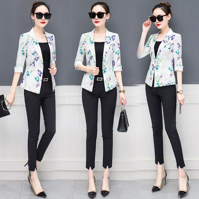 

Suit Women's 2019 Spring And Summer Large Female Suit Coat Printed Large GIRL'S Short Three-quarter-length Sleeve Slim Fit Casua